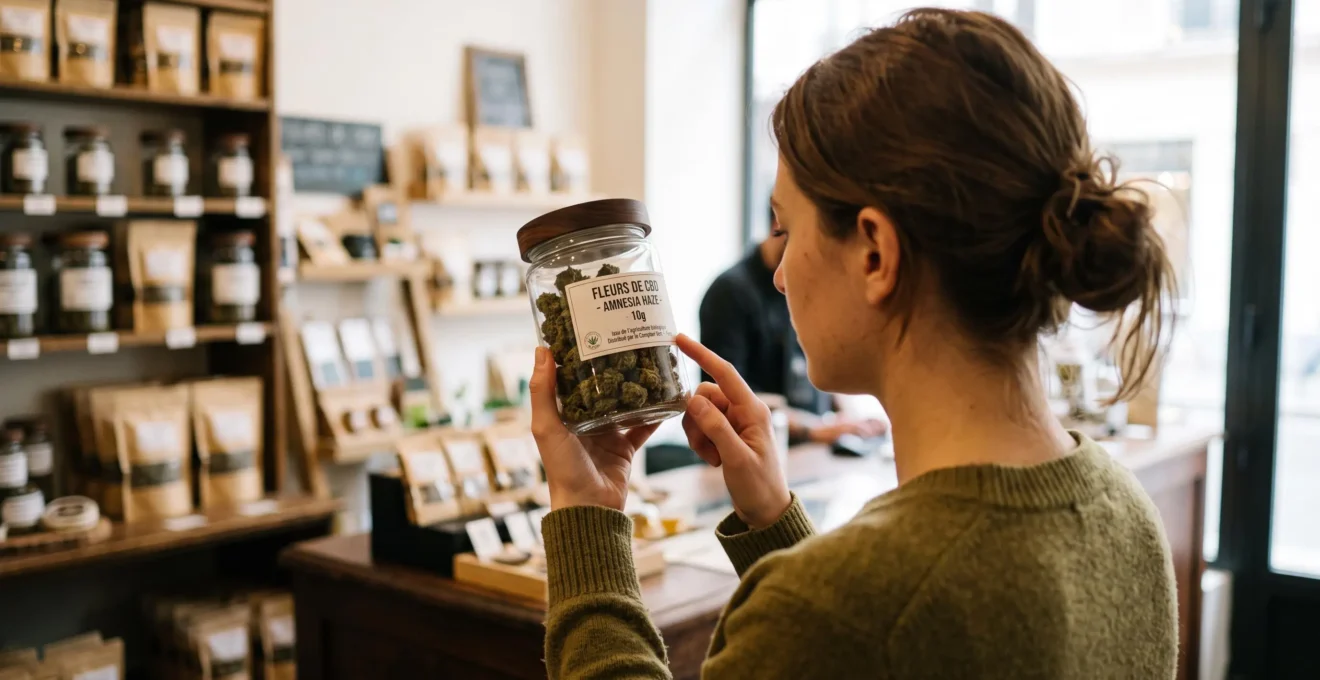 Un client vérifie le contenu d'un bocal de fleurs de CBD en boutique.