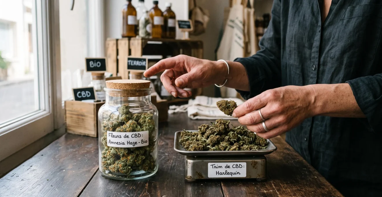 Deux lots de fleurs de CBD d'une même variété comparés sur une table en bois.