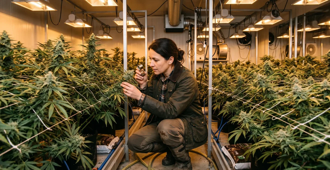 Un cultivateur examine une fleur de chanvre en croissance dans une salle de culture.