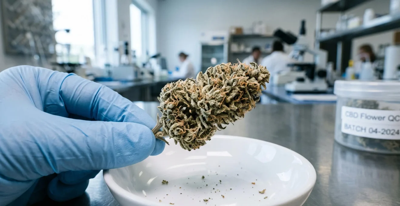 Une fleur de CBD séchée examinée entre deux doigts gantés en laboratoire.